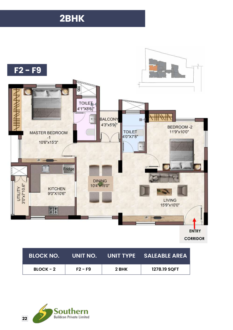 2 BHK F2 F9 floor plan