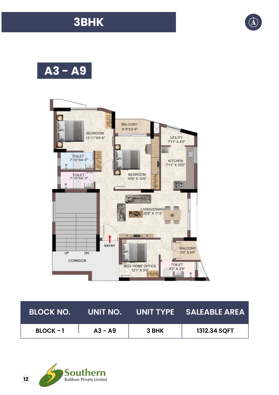 3 BHK A3 A9 floor plan