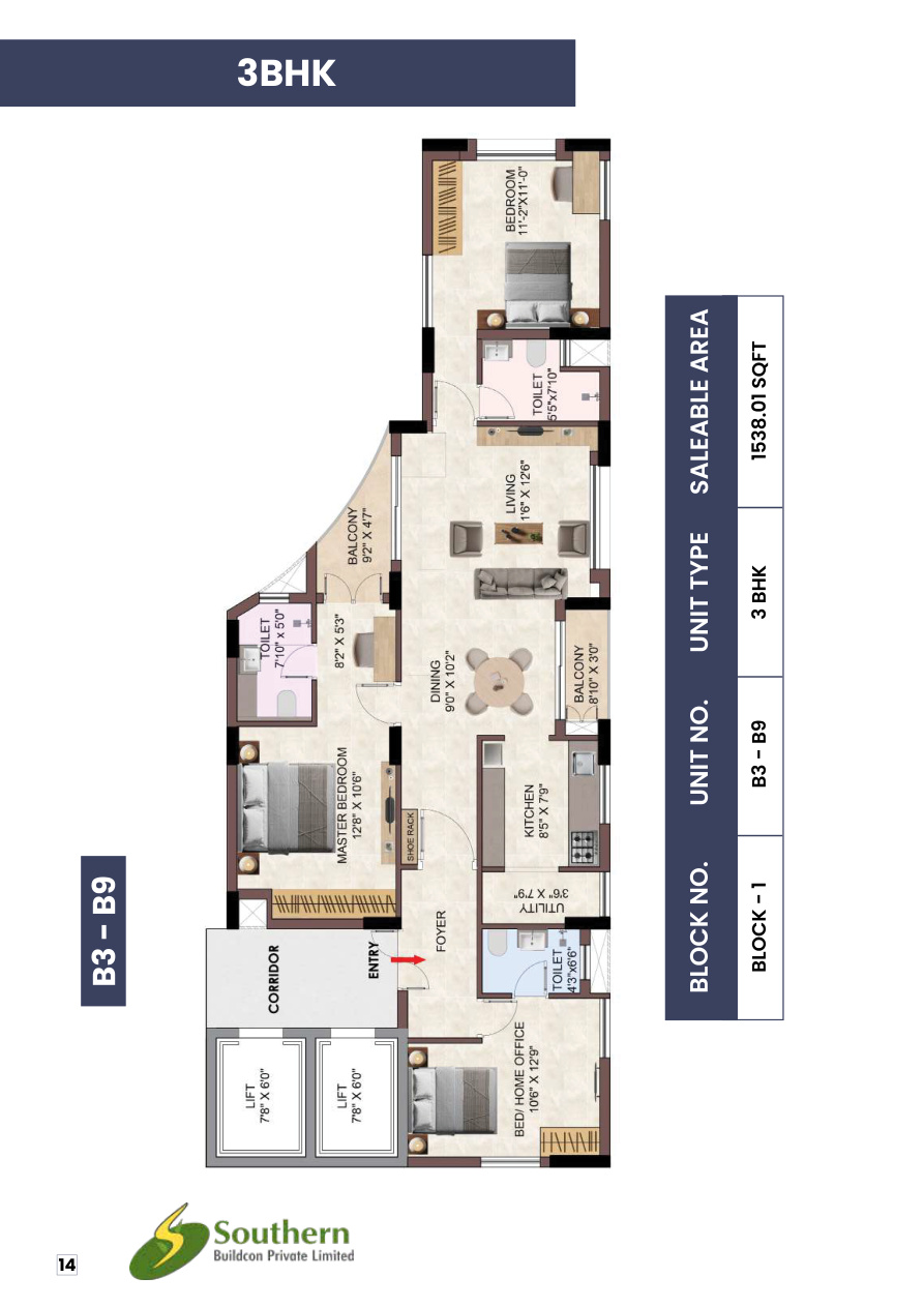3 BHK B3 B9 floor plan