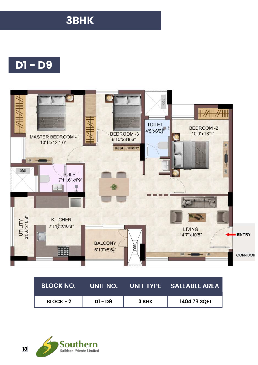 3 BHK D1 D9 floor plan